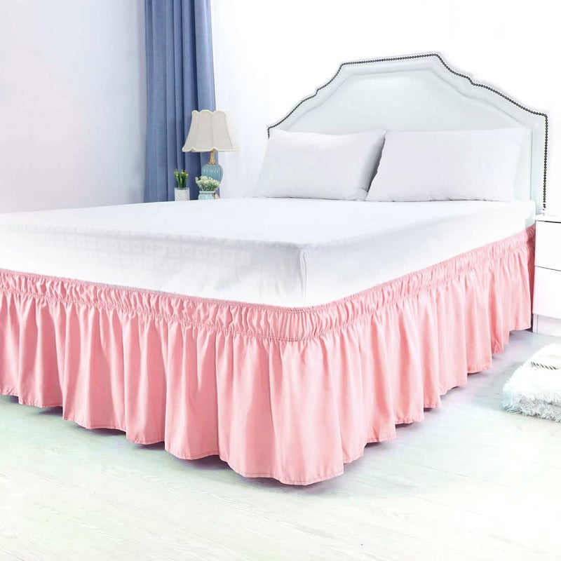 PiccoCasa Bed Skirt Wrap Around Bedskirt Three Fabric Sides Elastic Dust Ruffle, Easy Fit - with 15 Inch Drop Twin Pink - Image 2
